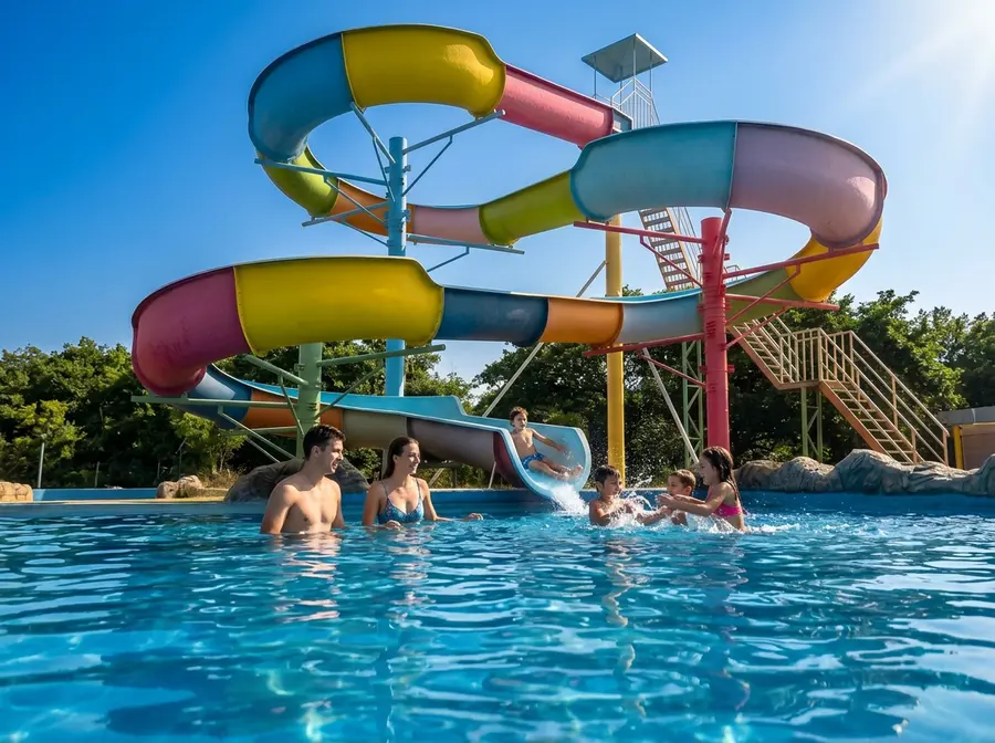 Tobogãs coloridos do Park das Águas, com crianças e adultos na piscina embaixo